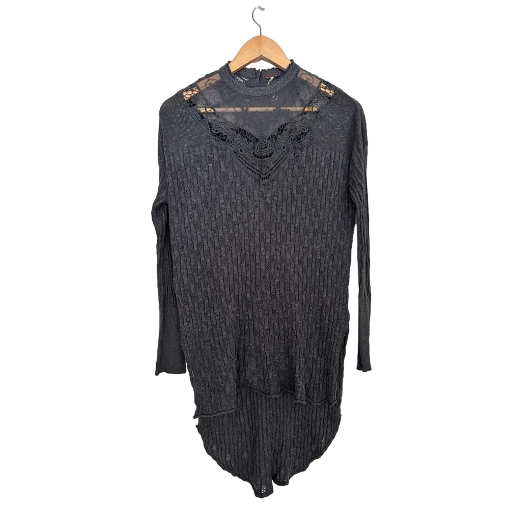 Free People Side Split Tunic Sweater dark grey linen cotton
